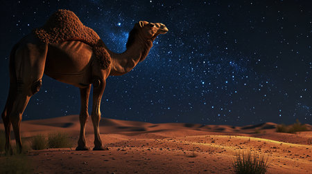 Camel in the desert at night with starry sky. 3d renderingの素材