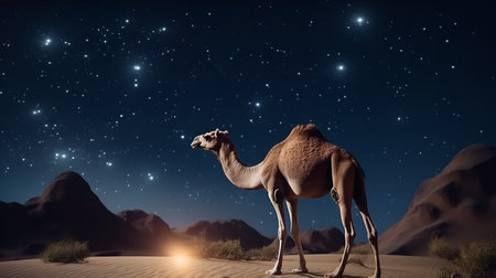 Camel in desert and starry sky. Mixed media. Mixed mediaの素材
