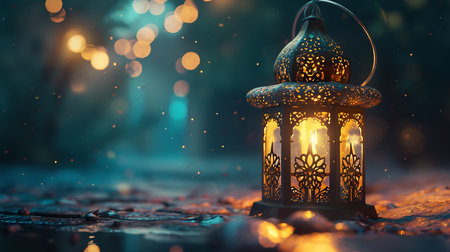 Ramadan Kareem greeting card. Arabic lantern on wooden table with bokeh backgroundの素材