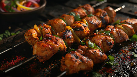 Delicious chicken shish kebab on barbecue grill, closeupの素材