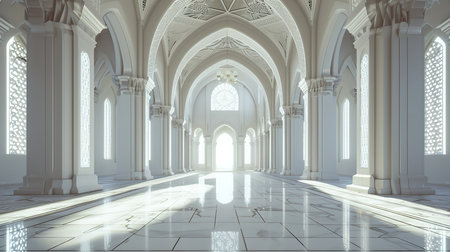 3D rendering of the mosque interior with white columns and archesの素材