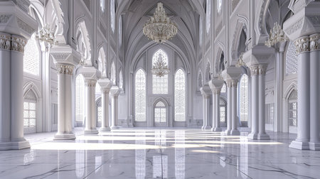 Interior of a mosque with arches and columns. 3D renderingの素材