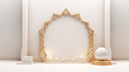 3d render, abstract background with geometric shapes, podiums and candles.の素材