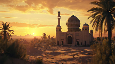 Sunset over the mosque in Abu Dhabi, United Arab Emirates.の素材
