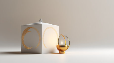 3d rendering of a white product box with a golden lamp insideの素材