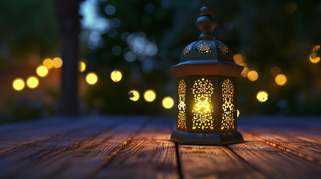 Ramadan Kareem Greeting Card. Festive Arabic lantern with glowing lights on wooden background. Ramadan Kareem concept.の素材