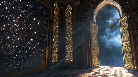 Mystical door in the starry sky. 3D renderingの素材