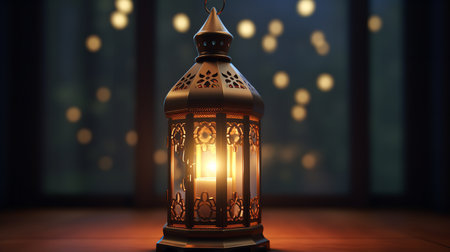 Lantern on the table. Ramadan Kareem greeting card. 3D renderingの素材
