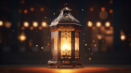 Ramadan Kareem greeting card. Arabic lantern. 3D renderingの素材