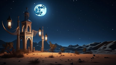 3D Illustration of Ramadan Kareem background with mosque and moonの素材