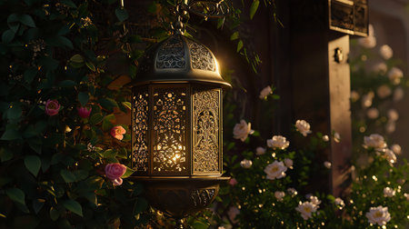 Lanterns in the garden with flowers on the wall.の素材