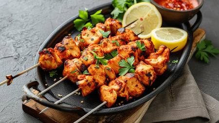 Chicken tikka kebab on skewers with lemon and parsleyの素材