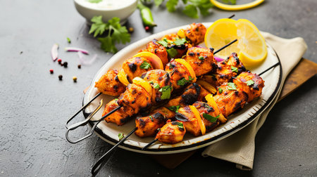 Chicken tikka kebab on skewers with onion, lemon and parsleyの素材