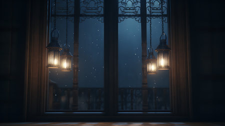 Lanterns in the window at night. 3d renderingの素材