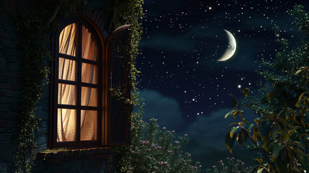 Night scene with a window and a moon in the sky. 3d renderingの素材