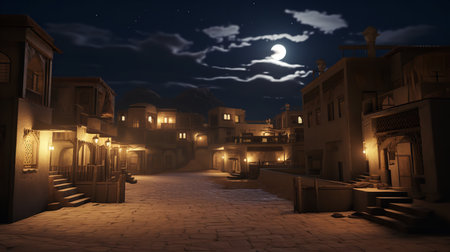3D rendering of an old town at night with moon and starsの素材