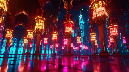 Colorful neon lamps in the mosque. Ramadan Kareem background.の素材