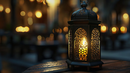 Lantern in the cafe. Ramadan Kareem. 3d renderingの素材