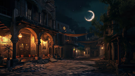 Old town at night with moon in the sky,3d renderingの素材