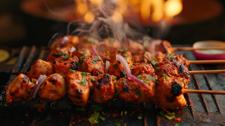 Delicious chicken tikka kebabs on barbecue grill, closeupの素材