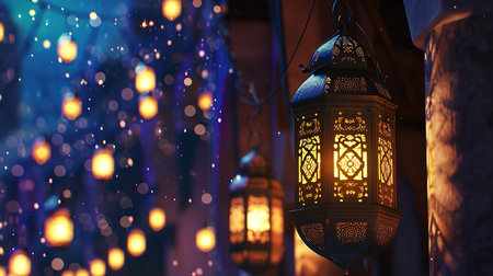 Hanging lanterns in the night. Ramadan Kareem background.の素材