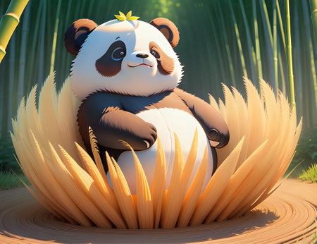 Panda sitting in the bamboo forest. 3d render illustration.の素材