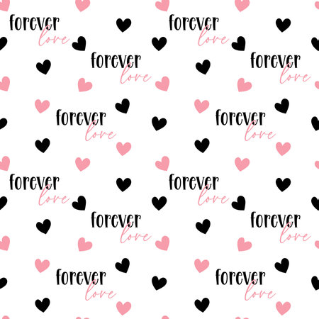 Vector seamless pattern with pink hearts and typography lettering on white background. Valentines day background wallpaperのイラスト素材