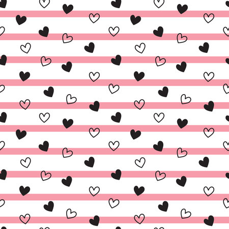 Seamless vector pattern with hearts on pink and white stripes background. Valentines day background wallpaperのイラスト素材