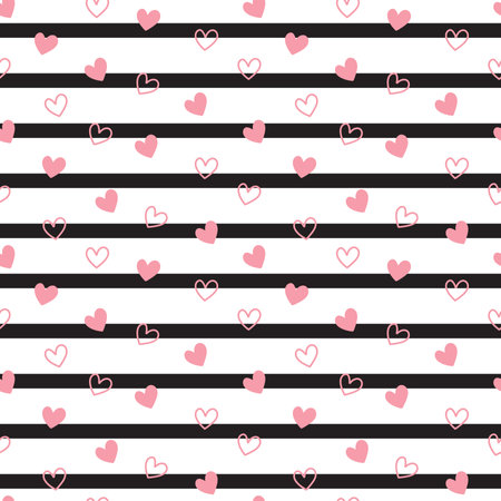 Seamless vector pattern with hearts on a black and white stripes. Valentines day background wallpaperのイラスト素材