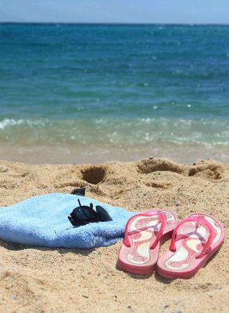Beach accesories on the sand in Spainの写真素材