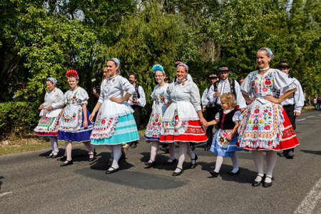 Traditional Hungarian harvest parade on september 11, 2016 in village Badacsony of Hungary.のeditorial素材