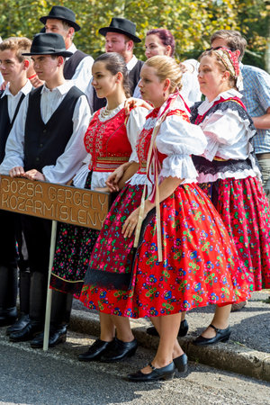 Traditional Hungarian harvest parade on september 11, 2016 in village Badacsony of Hungary.のeditorial素材