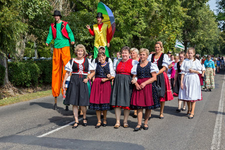 Traditional Hungarian harvest parade on september 11, 2016 in village Badacsony of Hungary.のeditorial素材