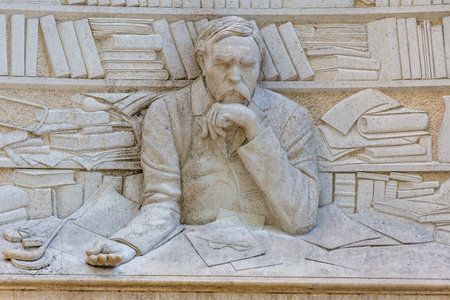Statue of Ferenc Deak, Hungarian poet, is located at promenade of Balatonfured town, resort area of...