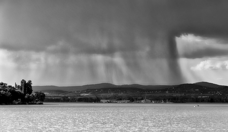 Landscape of Lake Balaton from Hungary, before a heavy shower in black and white