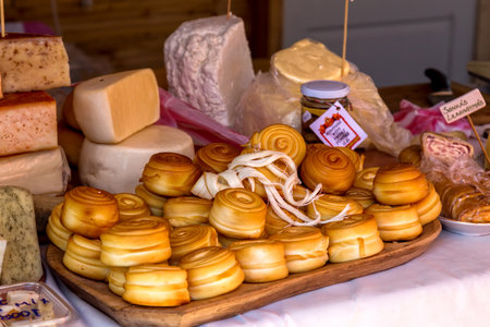 Different sort of cheeses in a bio market in Hungary,  28 August 2016のeditorial素材