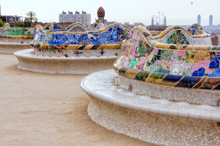 Detail of colorful mosaic work on the main terrace of Park Guell. In 1984 UNESCO declared the park a World Heritage Site under Works of Antoni Gaudi. Barcelona of Spainのeditorial素材