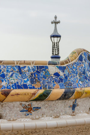 Detail of colorful mosaic work on the main terrace of Park Guell. In 1984 UNESCO declared the park a World Heritage Site under Works of Antoni Gaudi. Barcelona of Spainのeditorial素材