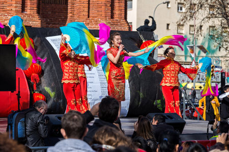 Barcelona, Catalonia, Spain. 04 st Feb, 2017. Participants of the Chinese new year parade in Barcelonaのeditorial素材