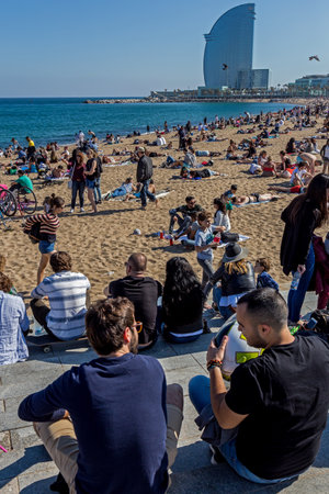 Beach and W hotel at the port of Barcelona city of Spain, 09 April 2017のeditorial素材