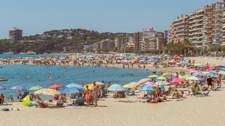 Beach life in a small spanish town Palamos (Spain,Costa Brava), July 27, 2017, Spainのeditorial素材