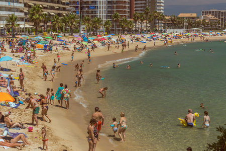 Beach life in a small spanish town Palamos (Spain,Costa Brava), July 27, 2017, Spain
