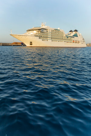 Big cruise ship in harbor Palamos in Spain, Seabourn Encore from Bahamas , length 210m, passengers 592, August 04, 2017 Spainのeditorial素材