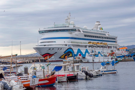 Big cruise ship in harbor Palamos in Spain, Aida Aura from Italia, length 203m, passengers 1497, August 09, 2017 Spainのeditorial素材