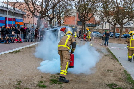 Firemanâs exhibition on village Palamos. Imitated car accident, with one injured person. March 10, 2018 , Spainのeditorial素材