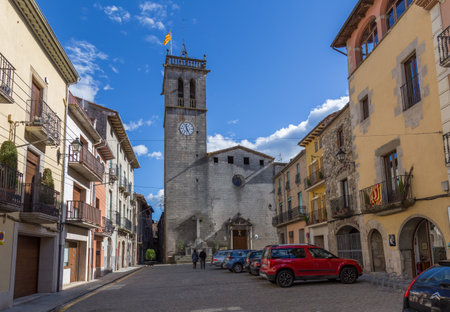 Beautiful old stone houses in Spanish ancient village Sant Feliu de Pallerols in Spain, in Catalonia of Spain, 03.31. 2018のeditorial素材