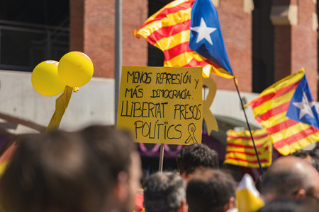 Catalan demonstrators with national catalan symbols in Barcelona to support the freedom of the...