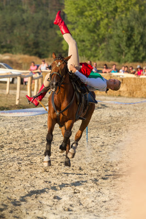 Traditional Hungarian horseback show in a small village Vonyarcvashegy, 18. 08. 2013 Hungaryのeditorial素材