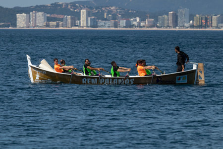 Rowing team on the ocean in Palamos, Costa Brava in Spain. 05. 20. 2018 Spain