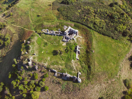 Aerial picture from a ancient castle ruin from Hungary on the volcano hill Csobanc, near lake Balatonのeditorial素材